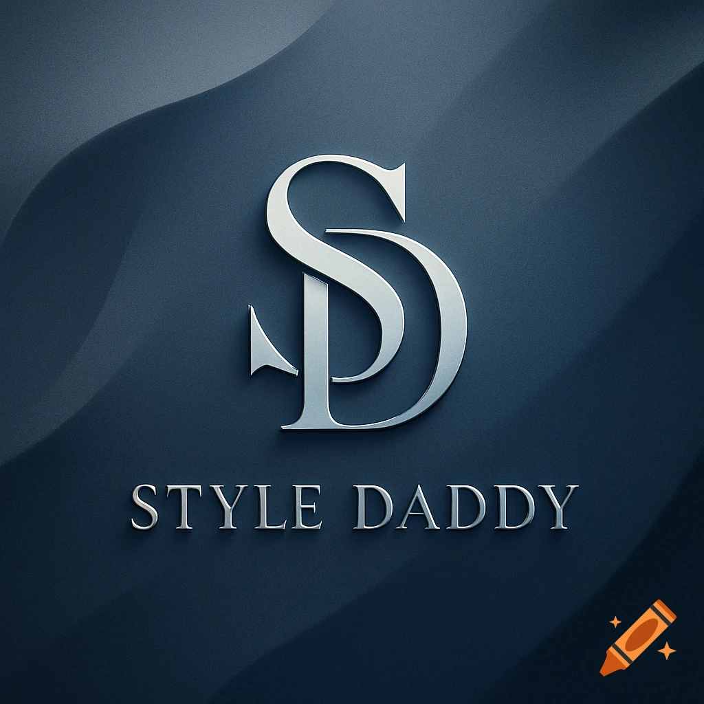 Sleek silver 'SD' monogram logo with 'STYLE DADDY' text on a dark blue wavy background.