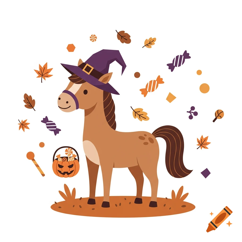 A cute cartoon horse wearing a purple witch hat, surrounded by autumn leaves and Halloween candy, with a pumpkin basket.