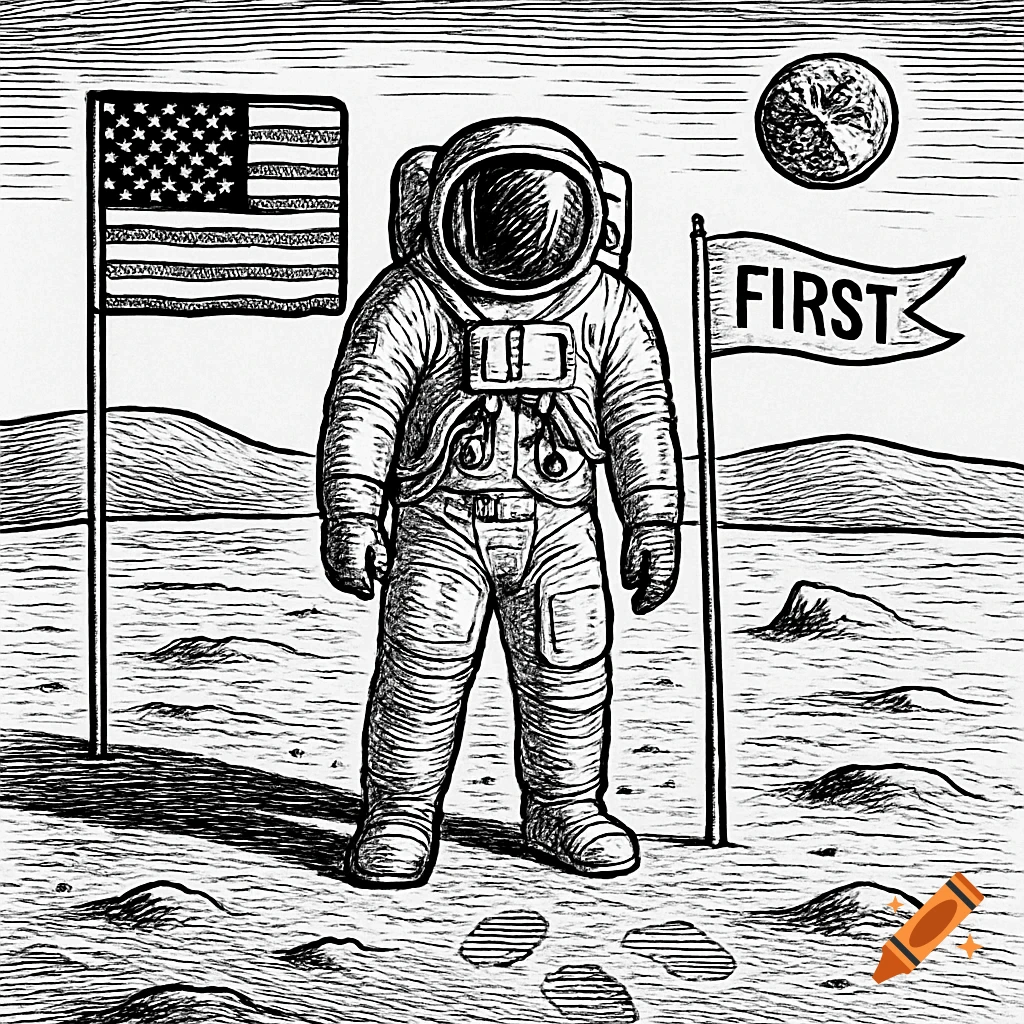 Black and white line drawing of an astronaut standing on the Moon next to an American flag and a flag with "FIRST" written on it.