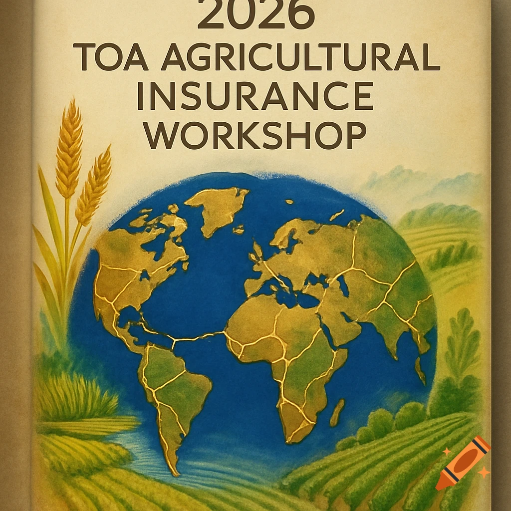 A vintage-style cover page for '2026 TOA Agricultural Insurance Workshop' with a kintsugi-inspired globe surrounded by wheat and fields.