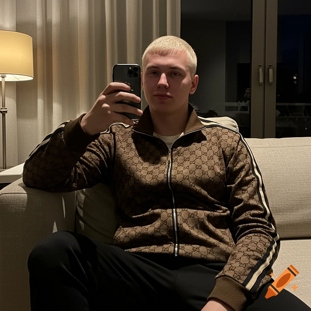 A young guy with a blonde buzzcut takes a selfie on a phone, sitting on a couch wearing a brown Gucci tracksuit jacket and black sweatpants.
