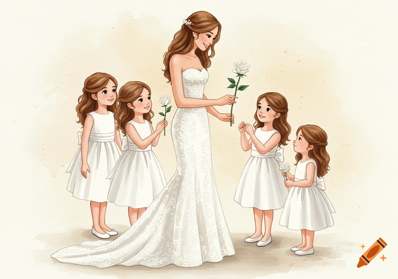 Watercolor illustration of a smiling bride in a lace mermaid gown interacting with four flower girls in white dresses holding white roses.