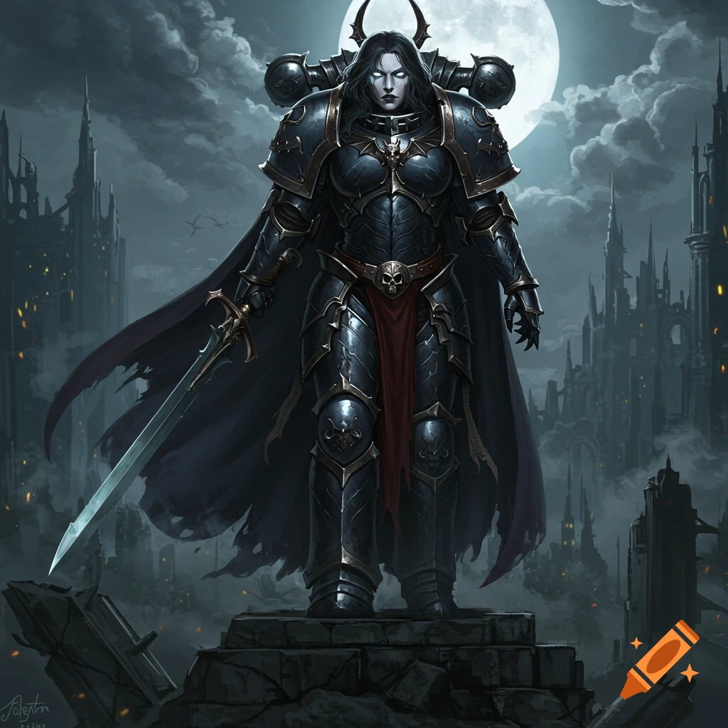 A female warrior in dark, gothic armor with a cape and sword stands on ruins in a dark city under a full moon.