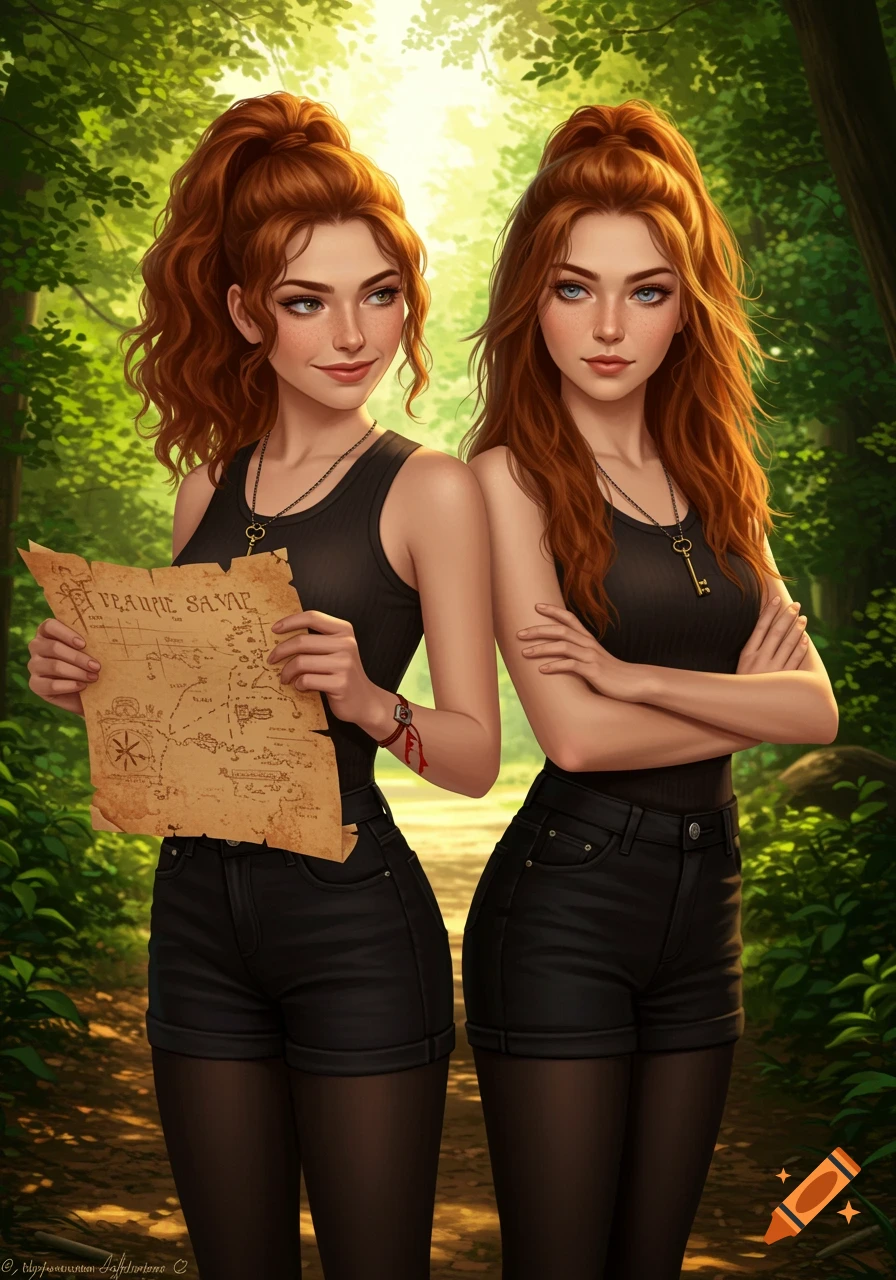 Two red-haired twin girls, one holding a treasure map, stand in a lush forest in a digital art style.