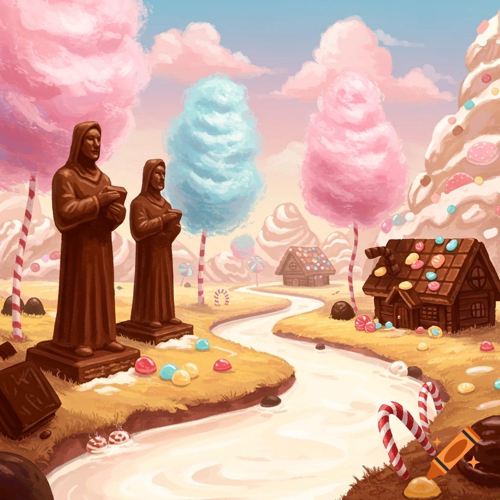 A whimsical candy landscape with chocolate statues, cotton candy trees, a milk river, and chocolate houses with candy roofs.