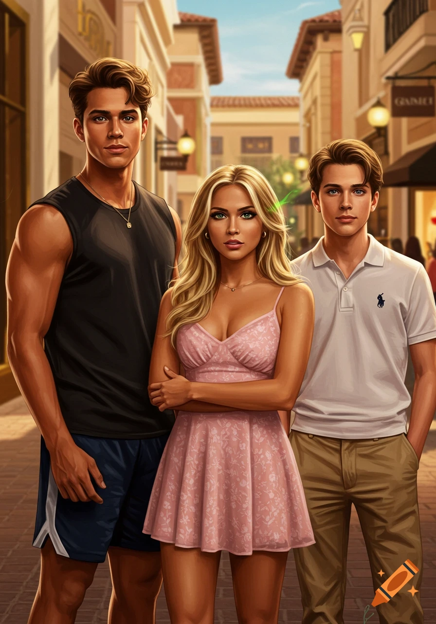 Three young people standing in an outdoor shopping street. A muscular man in a black tank top, a woman in a pink mini dress, and a man in a white polo shirt.