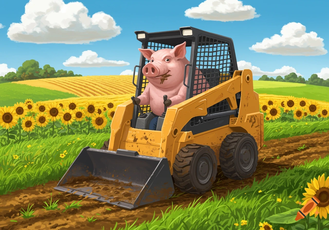 A happy, muddy pig operates a yellow skid steer on a dirt path in a sunny sunflower field under a blue sky, in a cartoon illustration style.