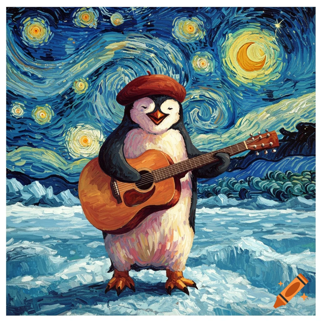 A cartoon penguin wearing a beret plays a guitar against a swirling starry night sky in the style of Van Gogh.