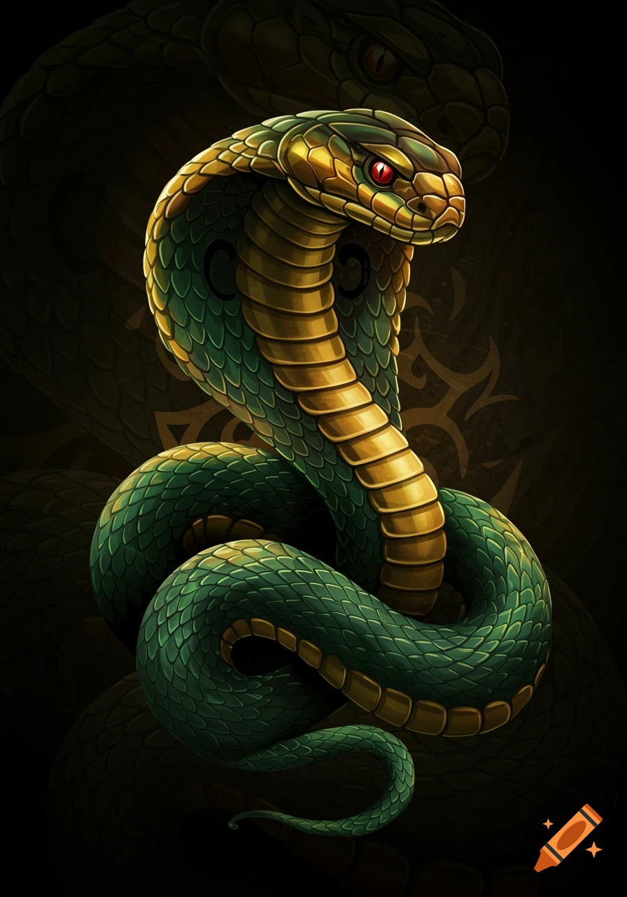 A stylized green and gold cobra with red eyes, coiled and rearing against a dark background with subtle patterns.