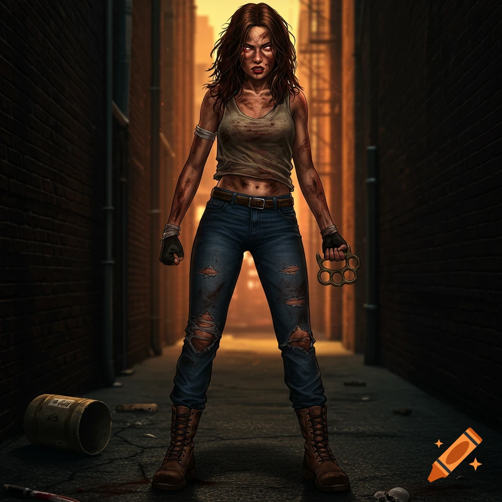 A fierce woman with bloody eyes and a dirty face stands in a dark alley, holding brass knuckles.