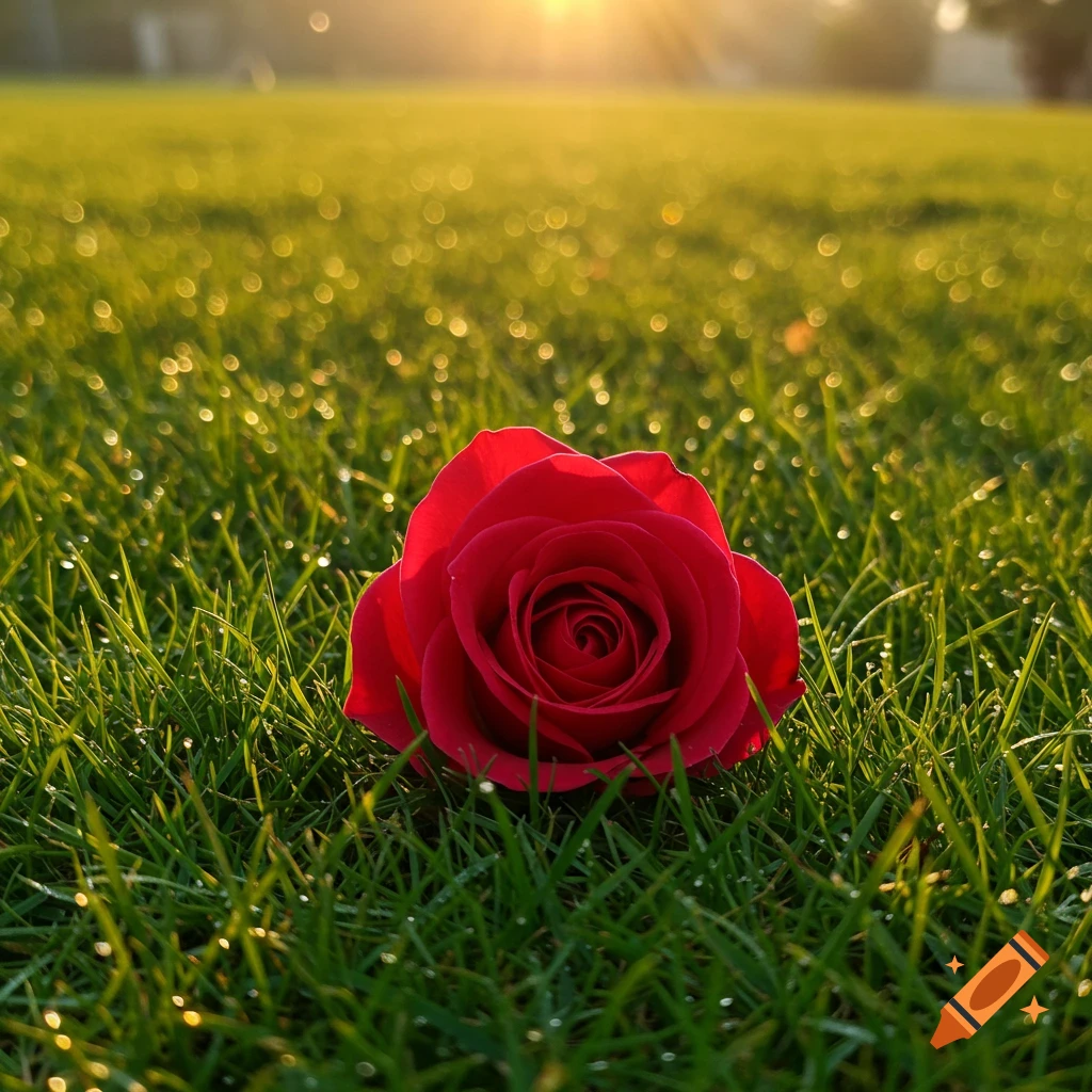 A vibrant red rose rests on lush green grass covered in dew drops, bathed in the golden light of a sunrise.