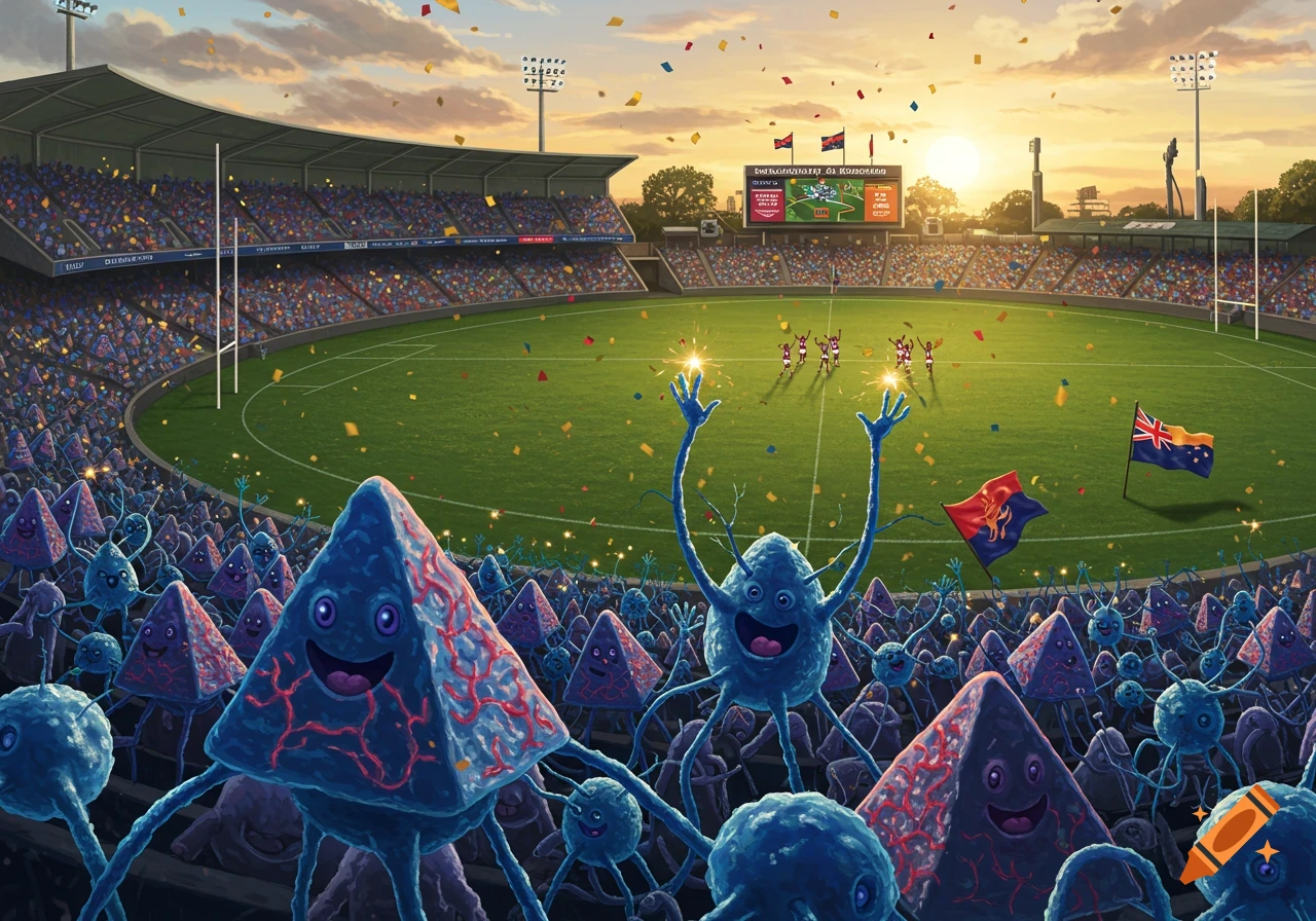 A colorful, cartoonish crowd of blue pyramidal neuron-like creatures cheers in a packed Australian Rules Football stadium at sunset, with confetti falling.