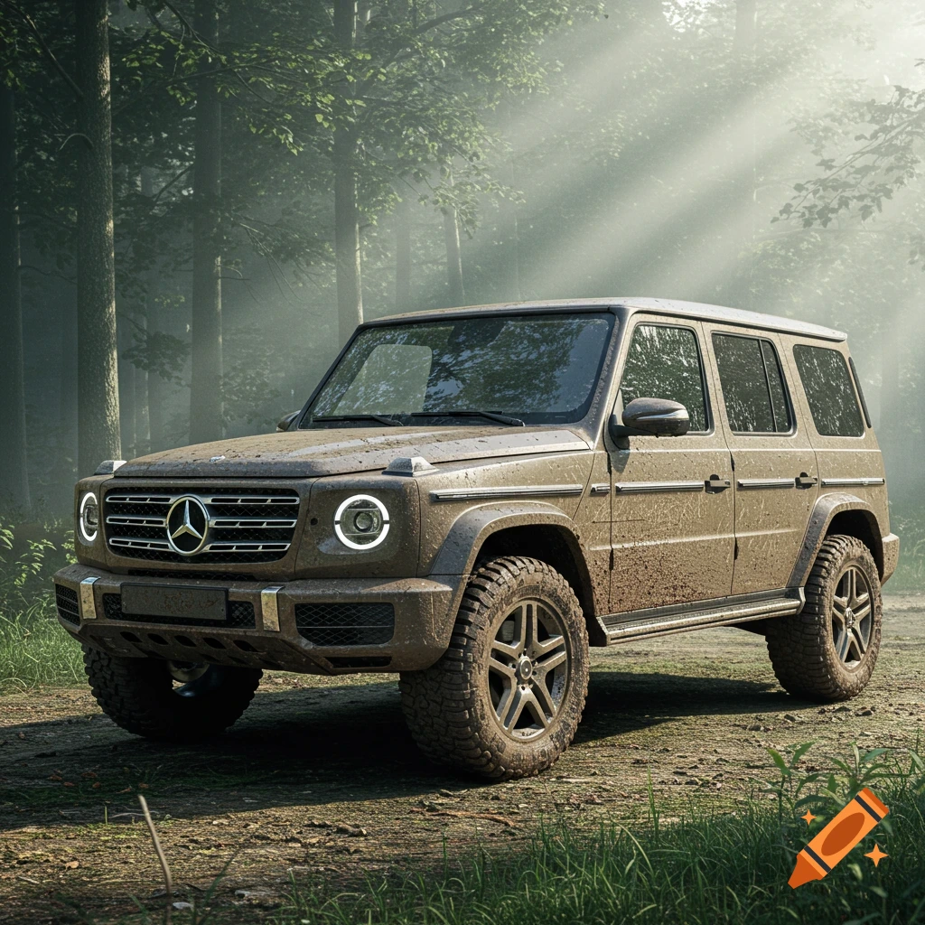 A mud-splattered Mercedes-Benz G-Wagen SUV on a dirt path in a misty, sun-dappled forest.