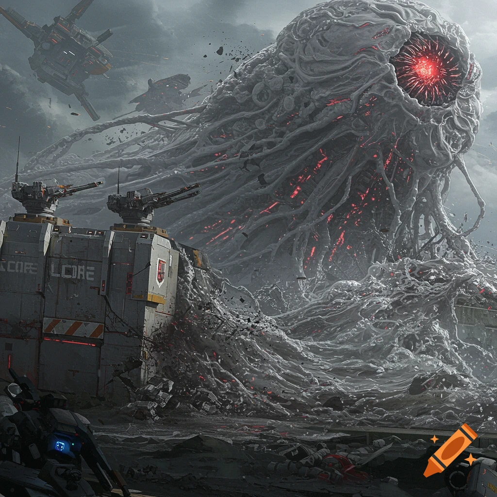 A colossal gray goo monster with red glowing core attacking a futuristic fortified base with turrets under a cloudy sky. Sci-fi horror art.