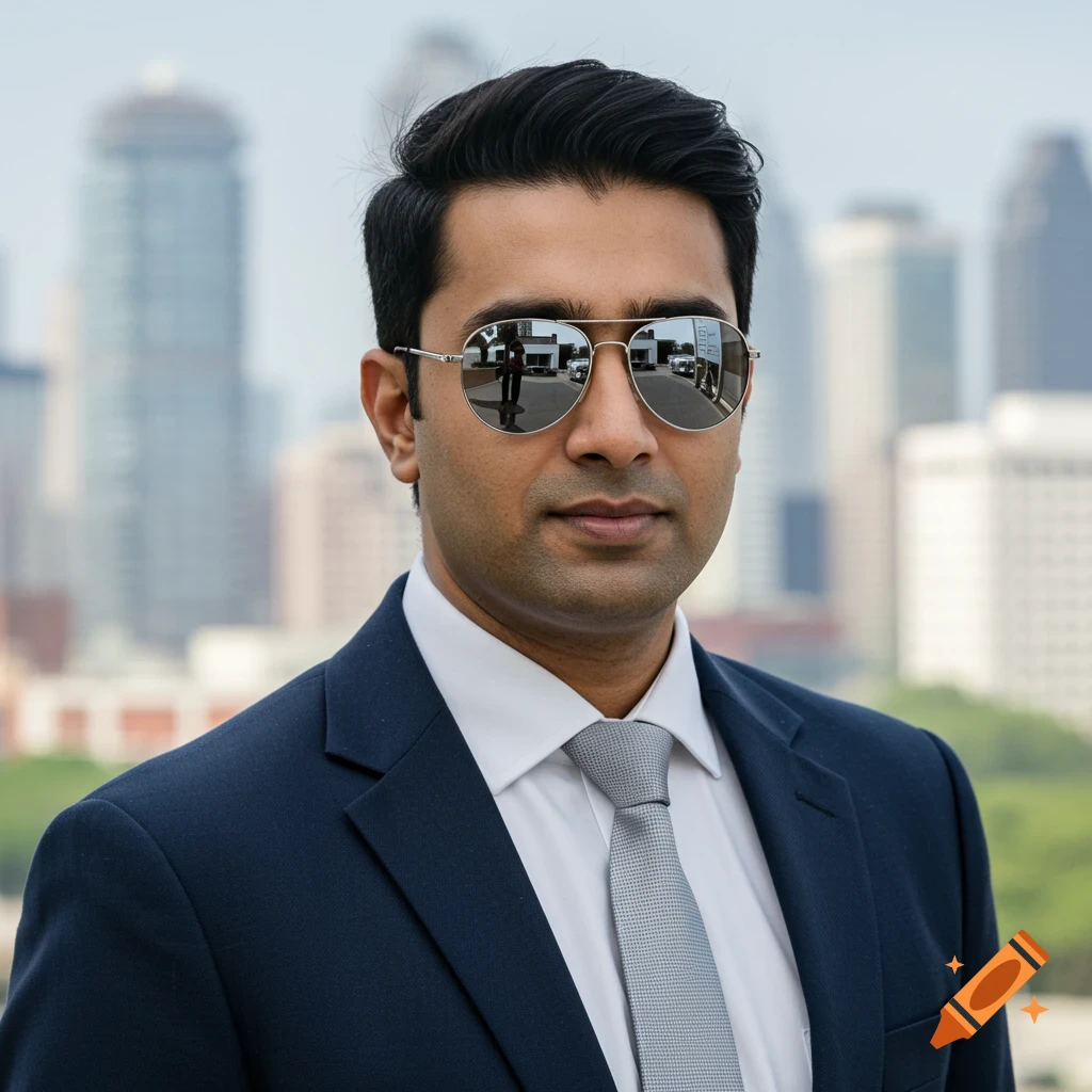 A man in a suit and sunglasses stands outdoors with a city skyline in the background.