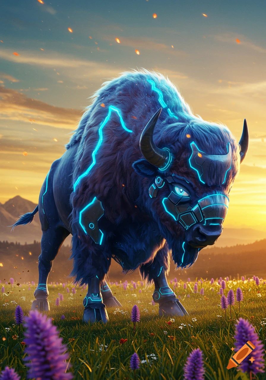 A majestic, dark blue cybernetic bison with glowing blue patterns and armor stands in a vibrant meadow at sunset.