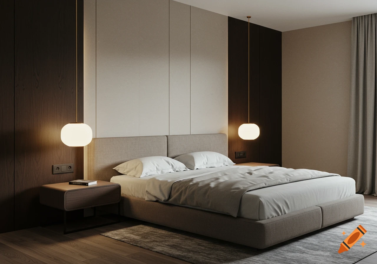 Photorealistic image of a modern bedroom with a large bed, two pendant lights, and brown wall panels.