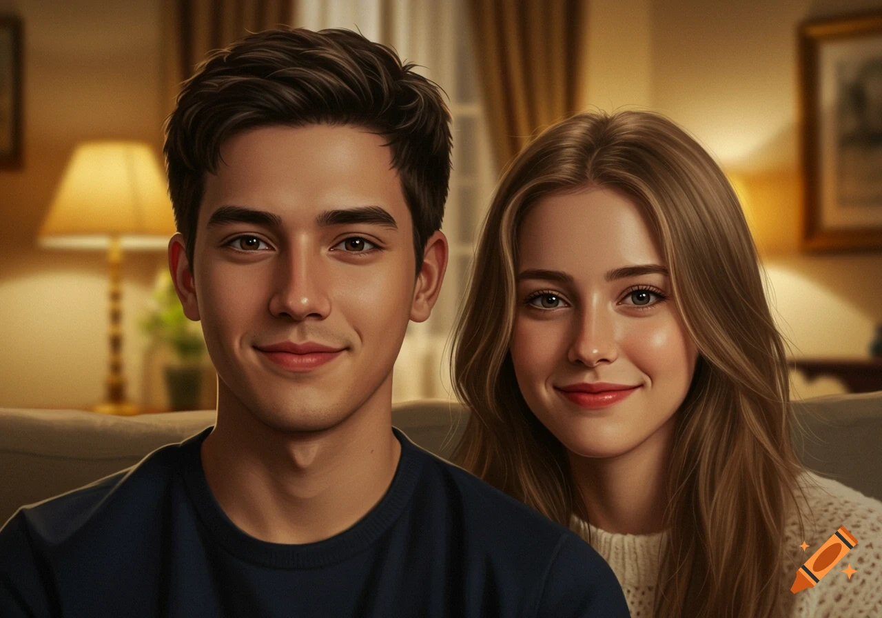 A close-up, photorealistic portrait of a young man and woman with warm smiles in a blurred, cozy living room.