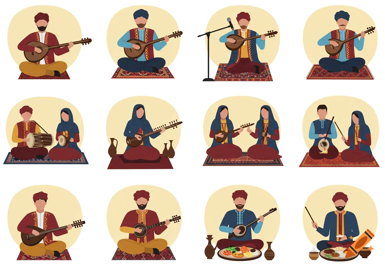 Flat vector illustrations of people in traditional attire playing musical instruments and preparing food.