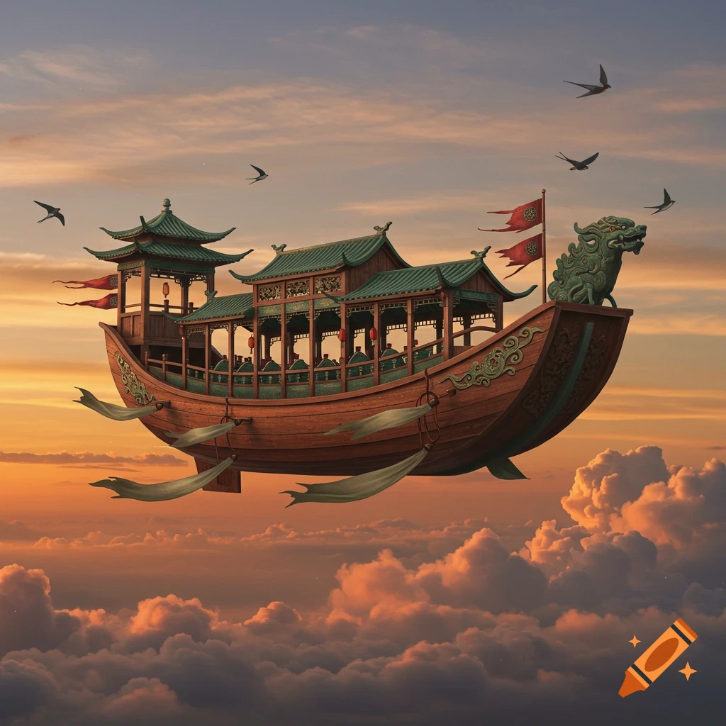A fantasy Chinese-style wooden boat with green roofs and a dragon figurehead flying through a sunset sky filled with clouds and birds.