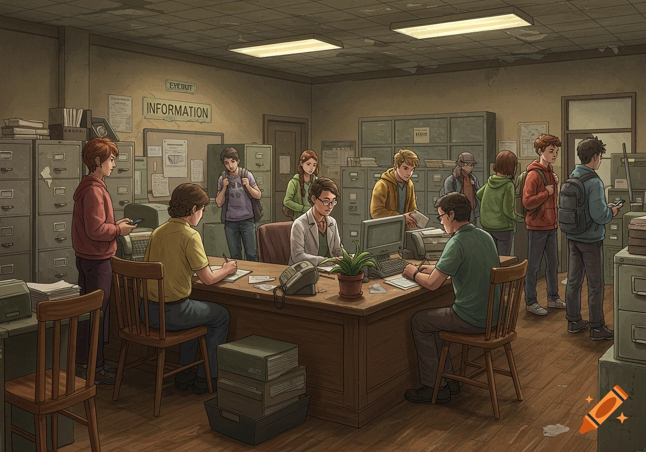 An office scene with college employees at a front desk, assisting a line of students, in a somewhat rundown setting with filing cabinets.