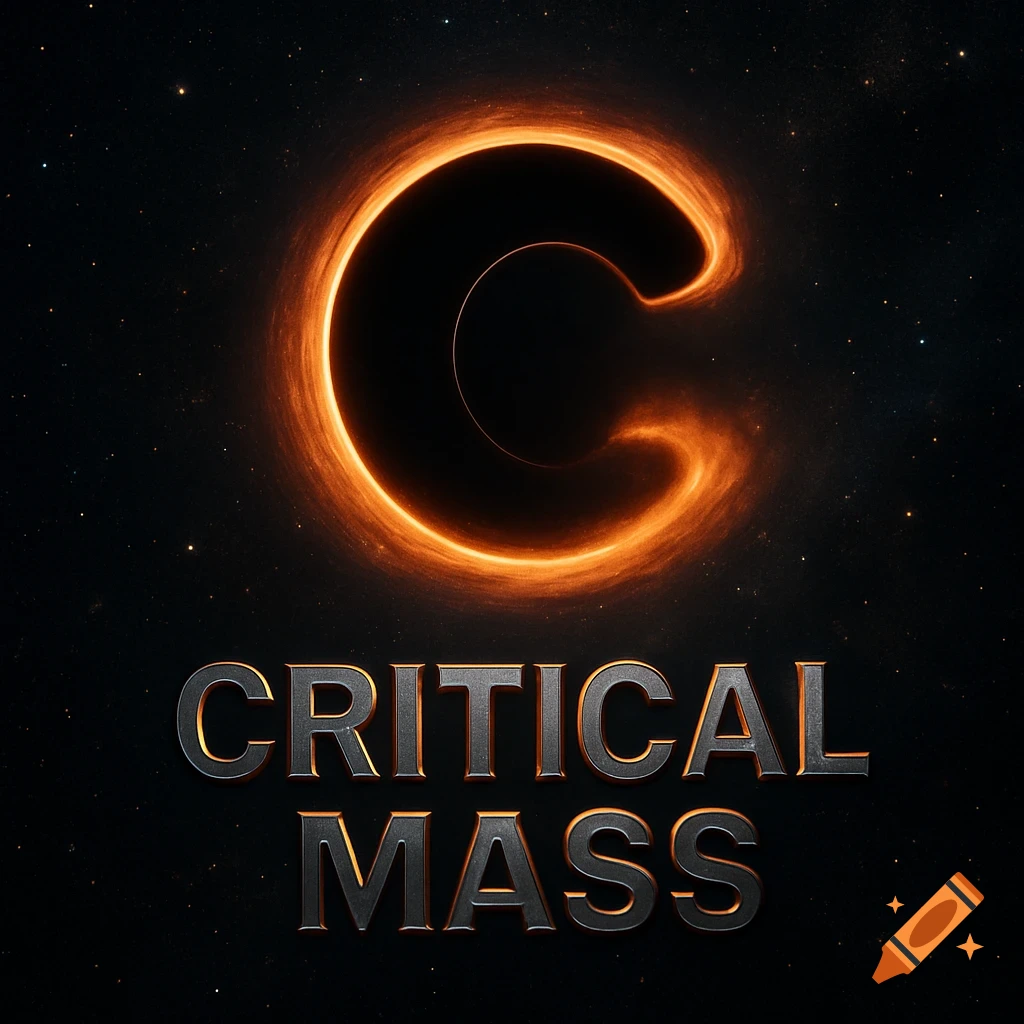 A C-shaped glowing orange event horizon against a starry black sky, with the words 'CRITICAL MASS' in metallic letters below it.
