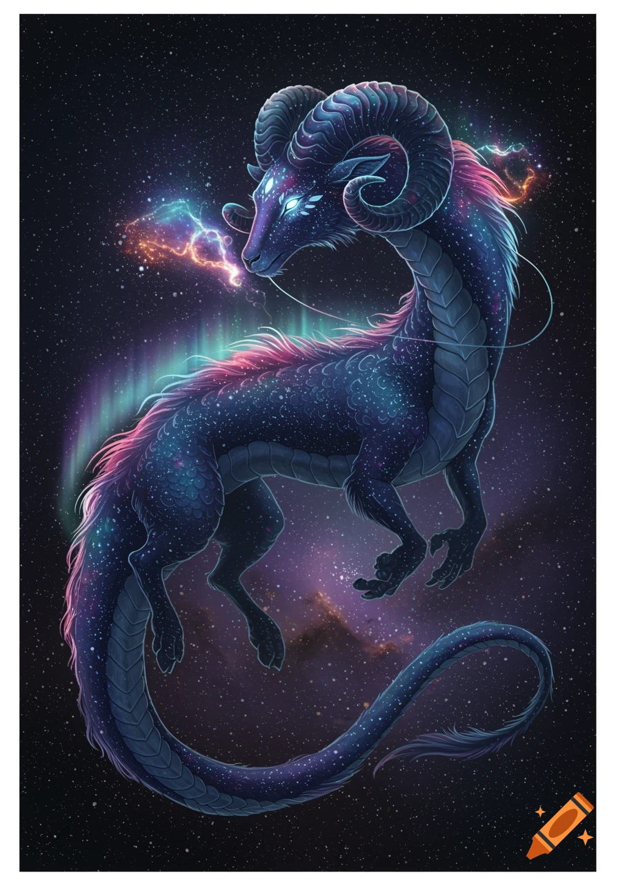 A majestic cosmic goat-dragon with glowing eyes, an aurora-like mane, and a star-filled body, against a starry space background.