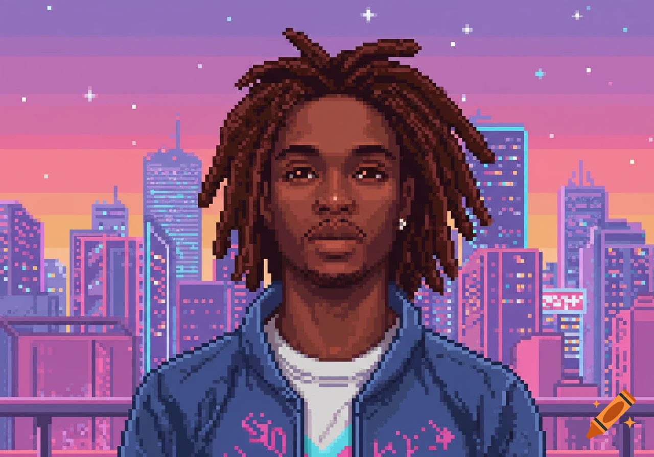 Pixel art portrait of a black male with dreadlocks standing in front of a colorful city skyline at sunset.