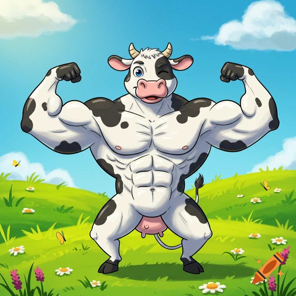 A muscular cartoon cow with udders flexes its biceps and winks in a sunny green field with flowers and butterflies.