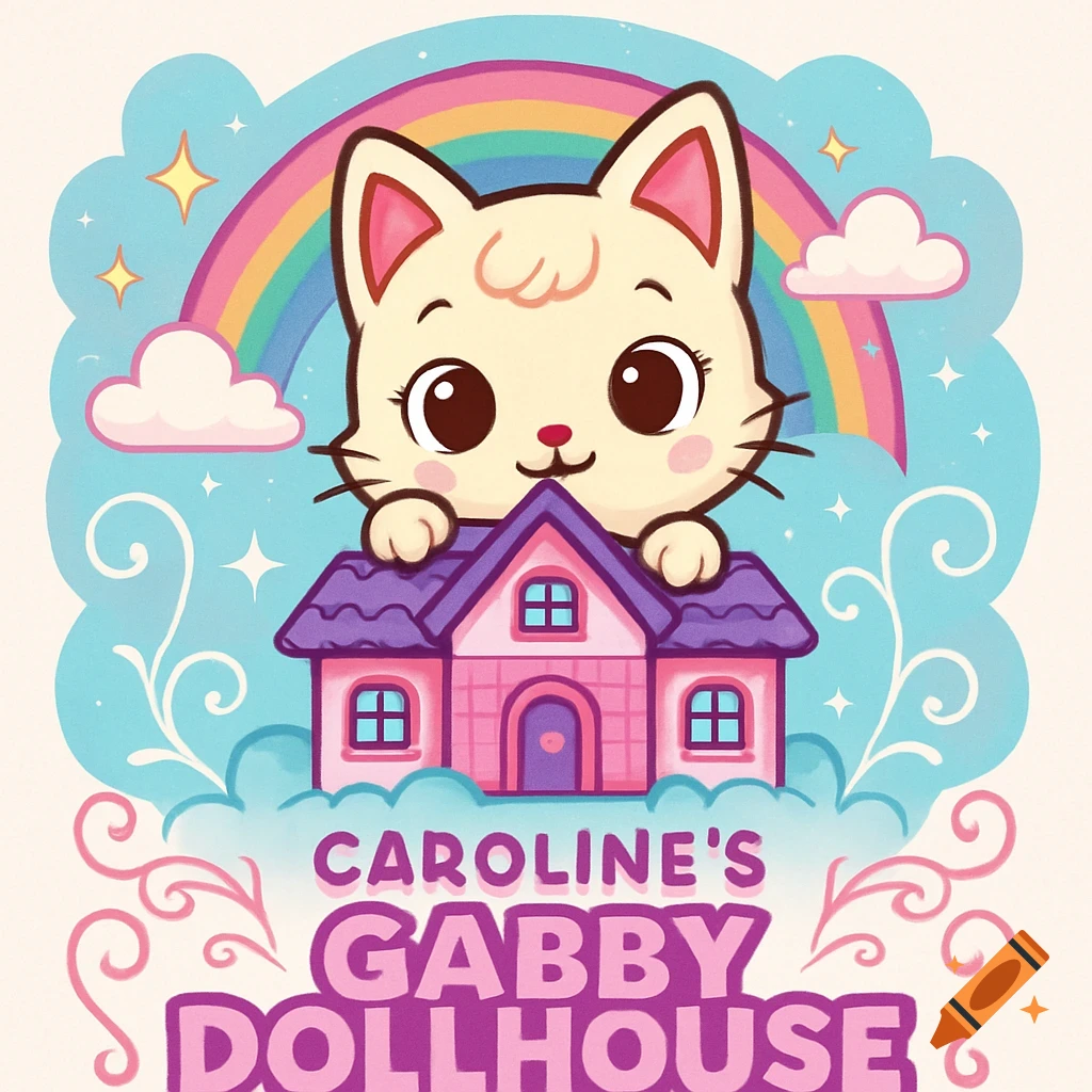 Cute cartoon cat peering over a pink dollhouse with a rainbow and clouds in the background, text says 'CAROLINE'S GABBY DOLLHOUSE'.