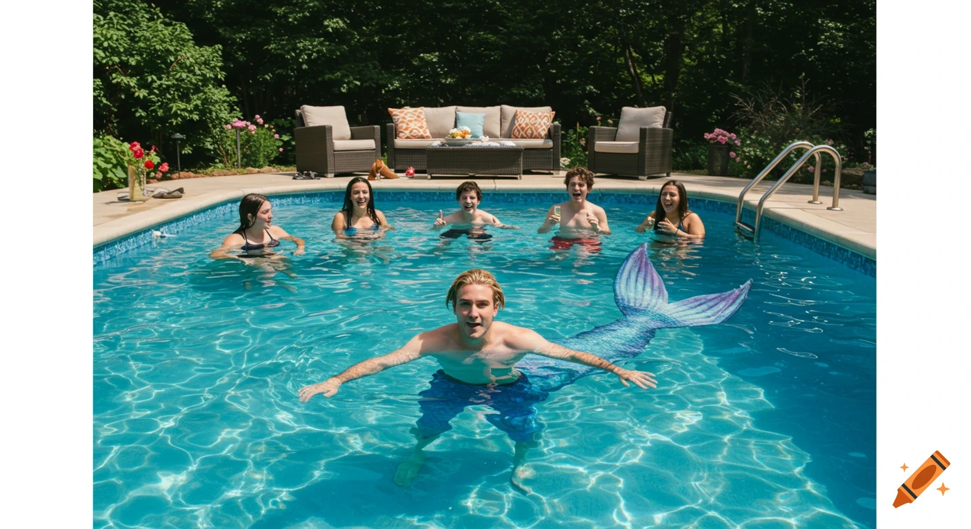 A merman and his friends swimming in a backyard pool with outdoor furniture and trees in the background.