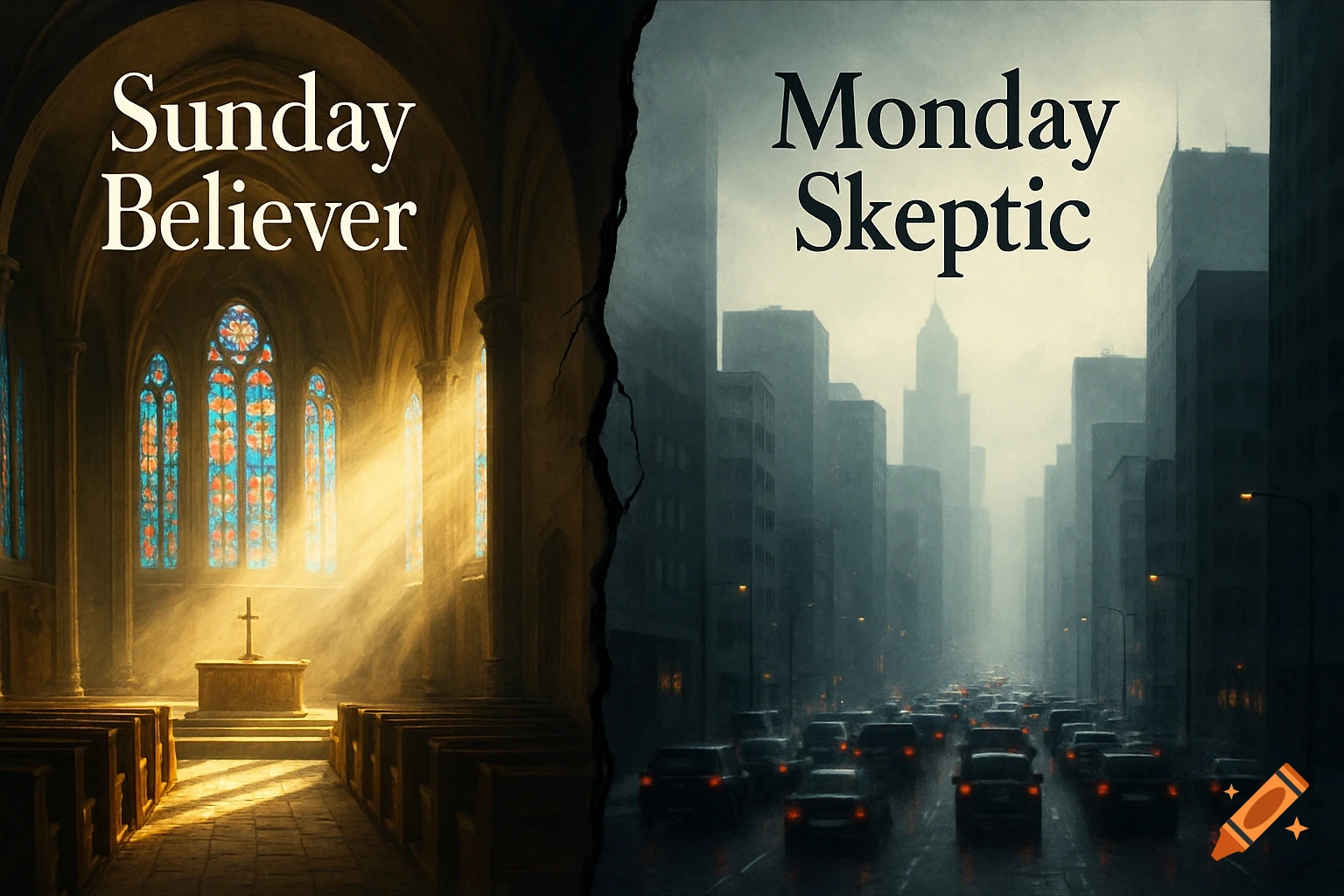 Split image of a sunlit church interior with "Sunday Believer" and a gloomy city street with traffic and "Monday Skeptic".