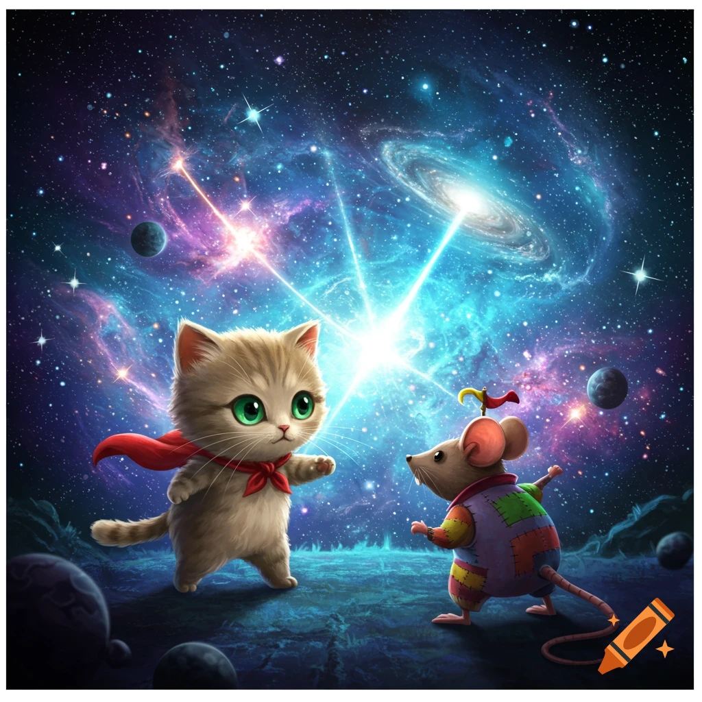 A cute kitten in a red cape stands with a mouse in a colorful patchwork outfit against a vibrant, starry galaxy background.