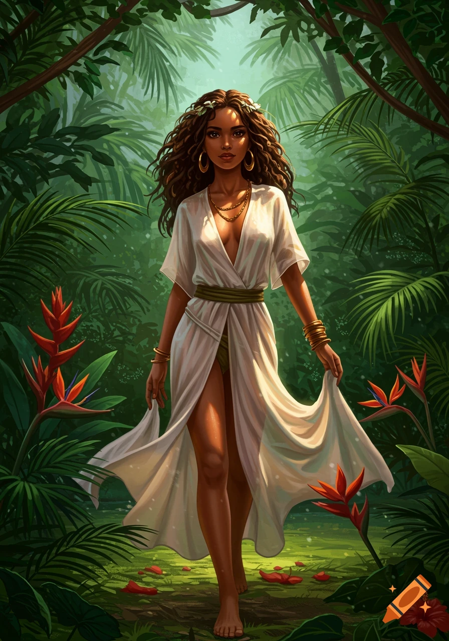 An illustration of an exotic woman in a flowing white dress walking barefoot through a lush tropical jungle.