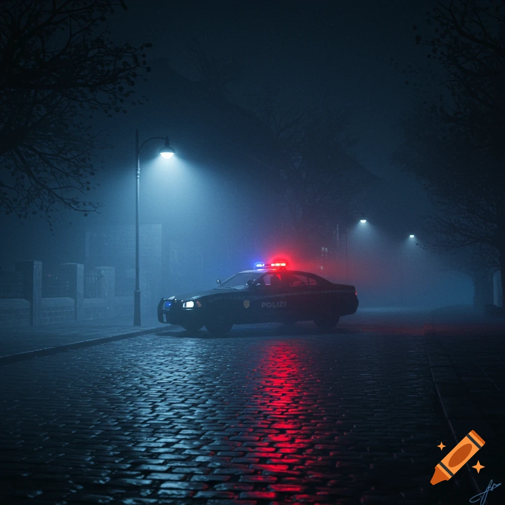 A police car with flashing red and blue lights parked on a wet cobblestone street at night, illuminated by streetlights through a dense fog.