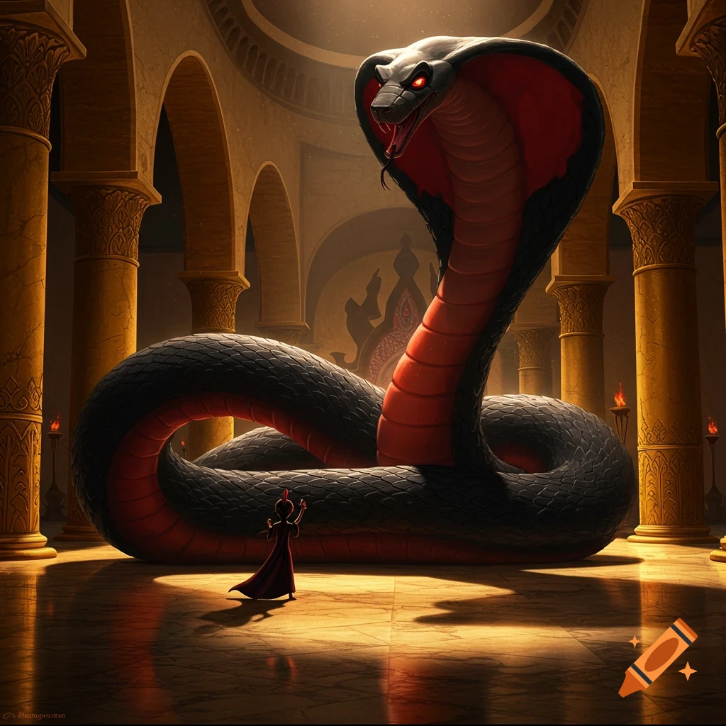 A colossal black and red cobra looms over a small figure in a grand, dimly lit palace hall with pillars, in an epic fantasy style.