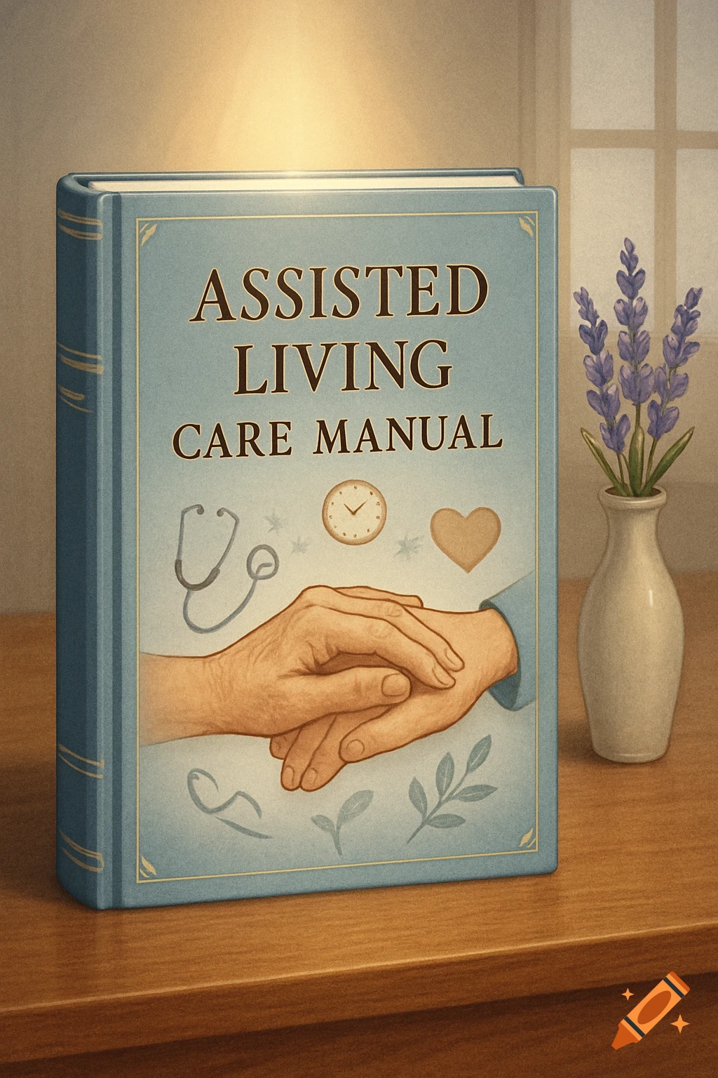 An illustration of a light blue book titled 'ASSISTED LIVING CARE MANUAL' with medical and care-related icons, on a wooden table with lavender flowers.