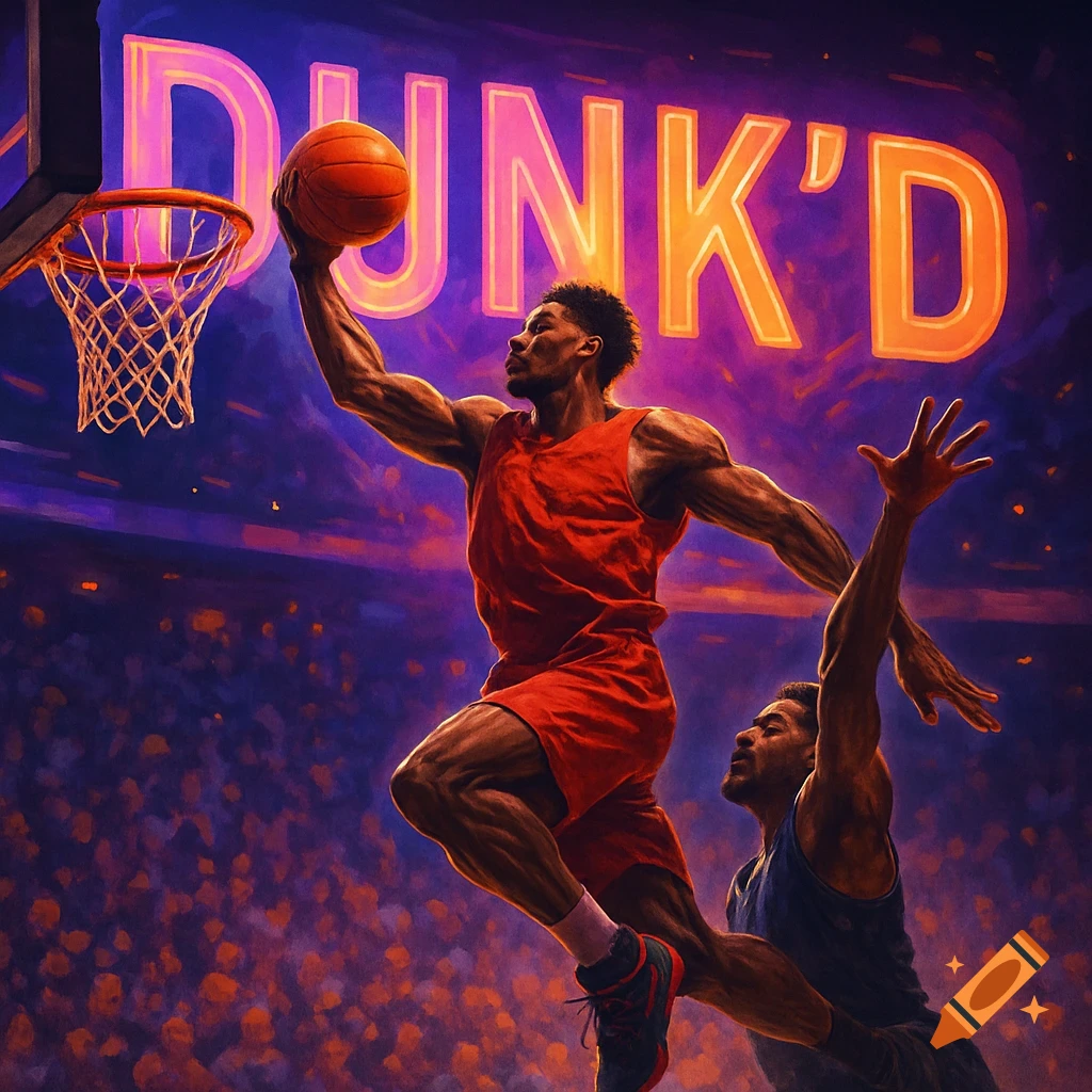 A basketball player in red dunks the ball as another player defends, with a large glowing "DUNK'D" sign in the background of a stadium.