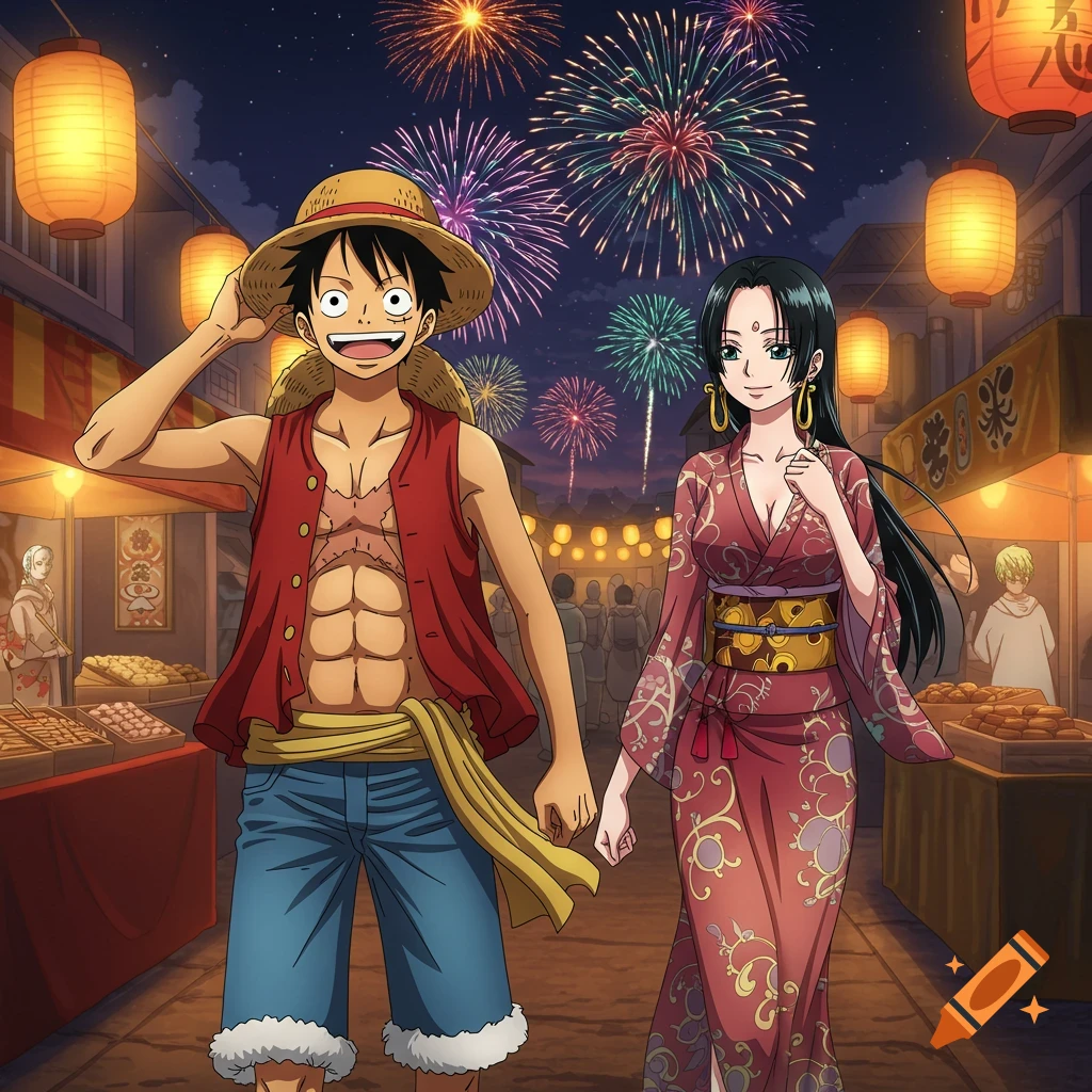 Anime characters Luffy and Hancock walk hand-in-hand through a vibrant night festival street under a sky lit by colorful fireworks and glowing lanterns.