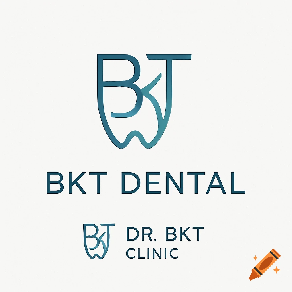 Minimalist blue-teal logo for BKT Dental, featuring a tooth-shaped icon with integrated BKT letters, and the text 'BKT DENTAL' and 'DR. BKT CLINIC'.