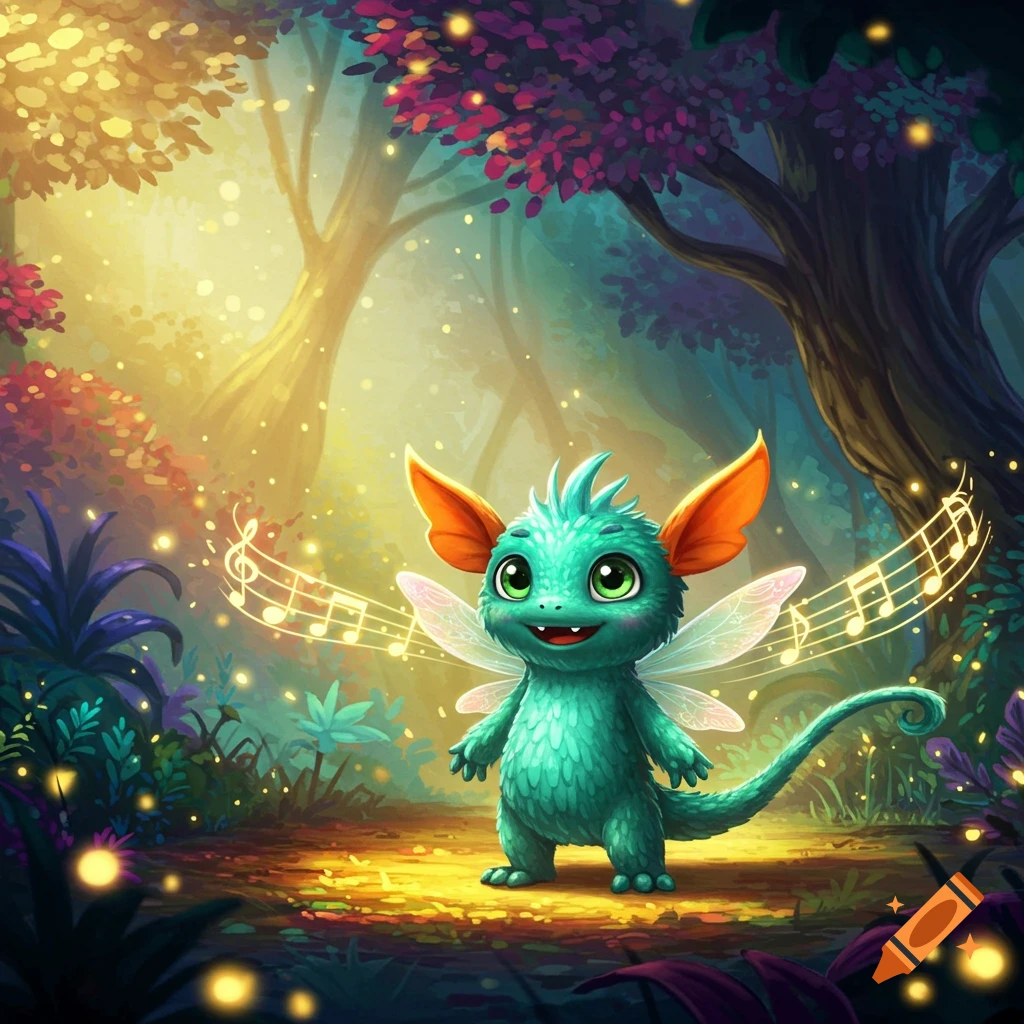 A cute, green, furry monster with large orange ears and delicate fairy wings stands in a magical, glowing forest, surrounded by floating musical notes.