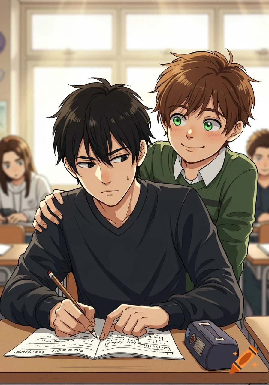 Manga-style illustration of two boys in a classroom. One with black hair writes in a notebook at a desk, while another with brown hair leans on his shoulder, smiling mischievously.