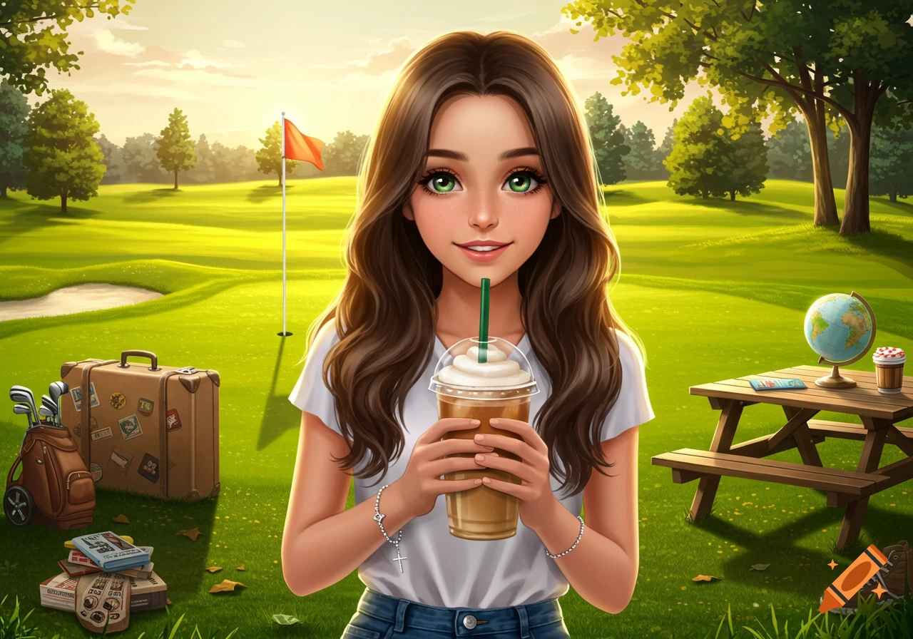 A stylized illustration of a girl with long brown hair and green eyes, holding an iced latte on a golf course. A suitcase, golf clubs, and a globe are in the background.