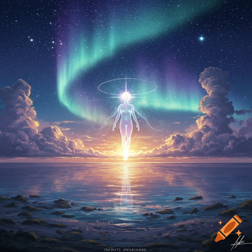 An ethereal glowing figure stands on water under a starry night sky with vibrant aurora borealis and soft clouds.