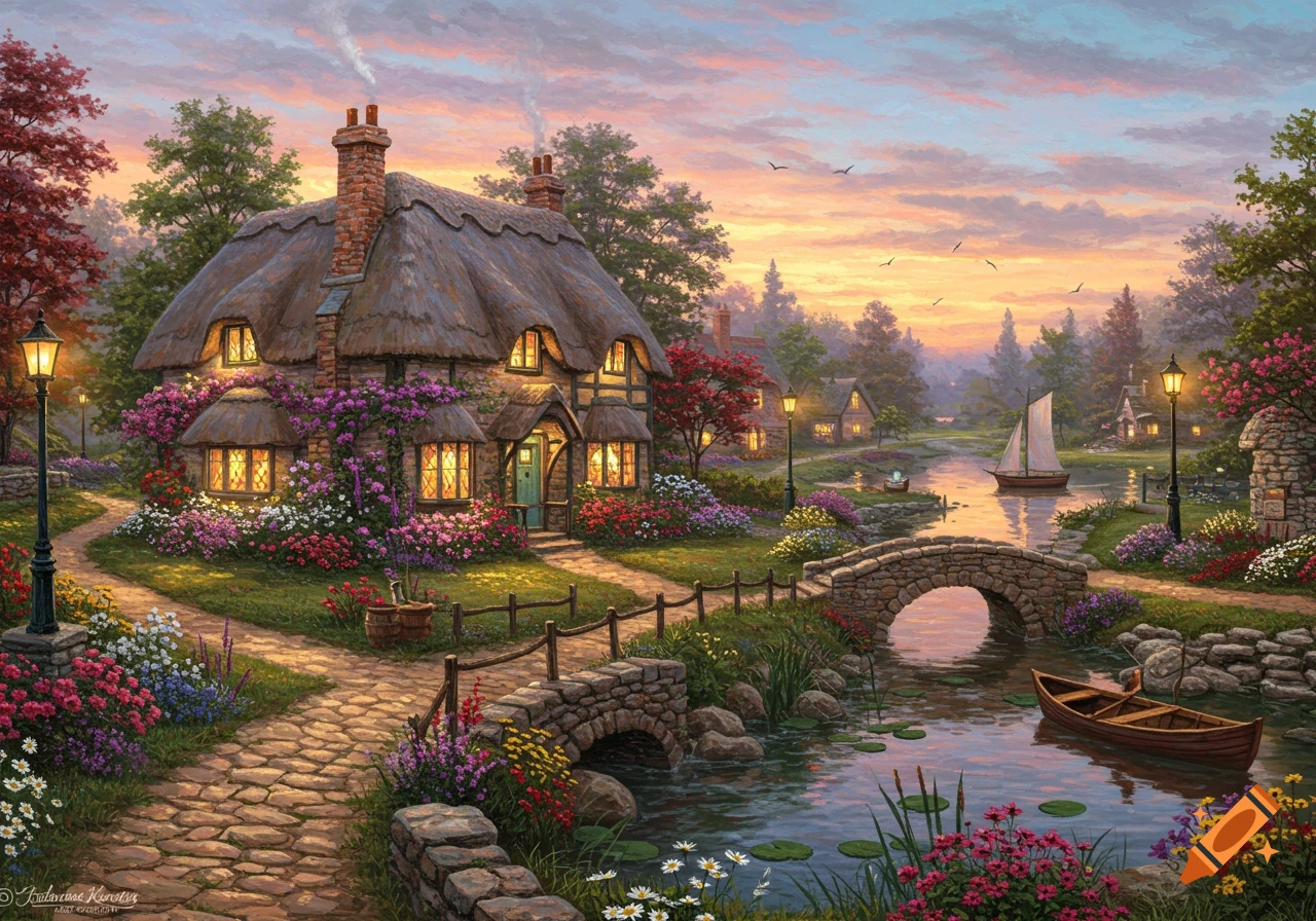 An idyllic painting of a stone and thatch cottage nestled by a flowing river with a stone bridge at sunset, surrounded by vibrant flowers and trees.