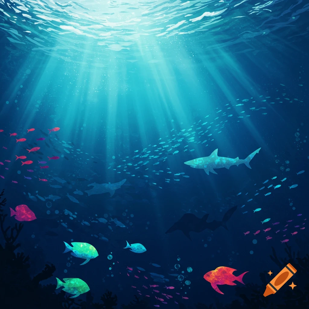 Underwater scene with vibrant fish and shark silhouettes, light rays penetrating from the surface, illustration style.