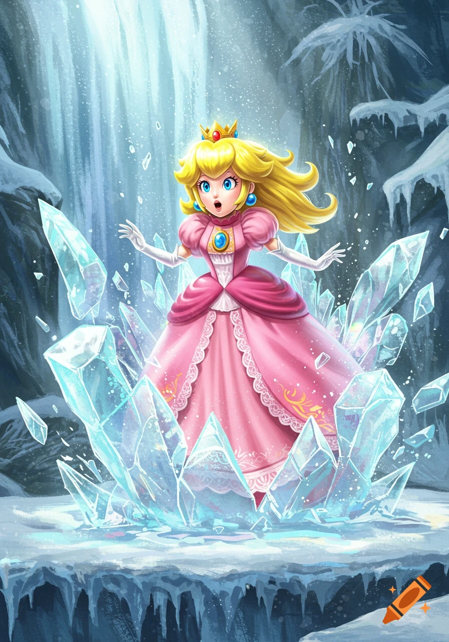 Princess Peach with blonde hair and a pink dress, wide-eyed and surrounded by sharp shards of breaking ice in an icy cave illustration.