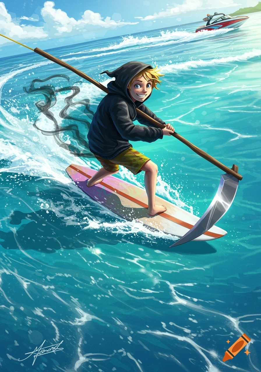 A whimsical cartoon of a teenage grim reaper wake surfing on a surfboard, holding a scythe. A powerboat is in the background on the blue ocean.