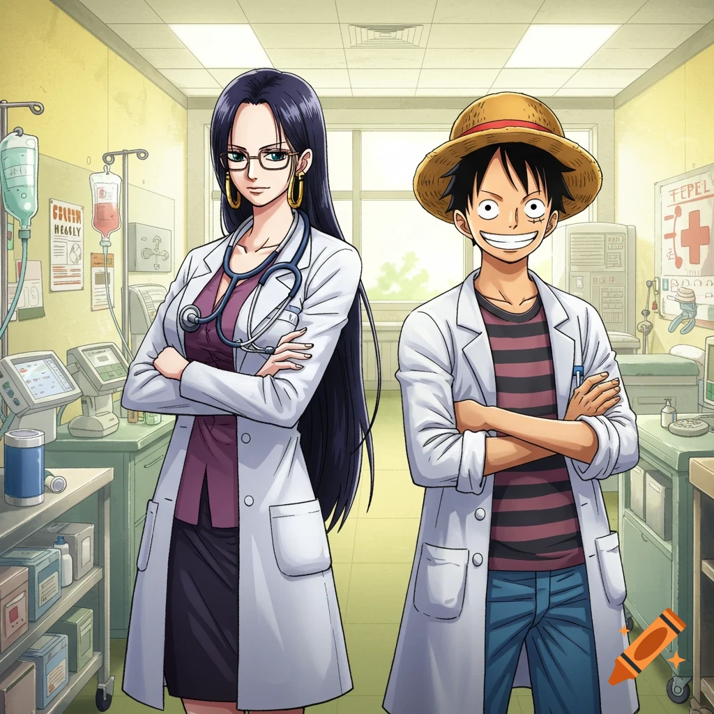 An anime-style image of Boa Hancock and Monkey D. Luffy from One Piece, dressed as doctors, standing in a brightly lit hospital room.