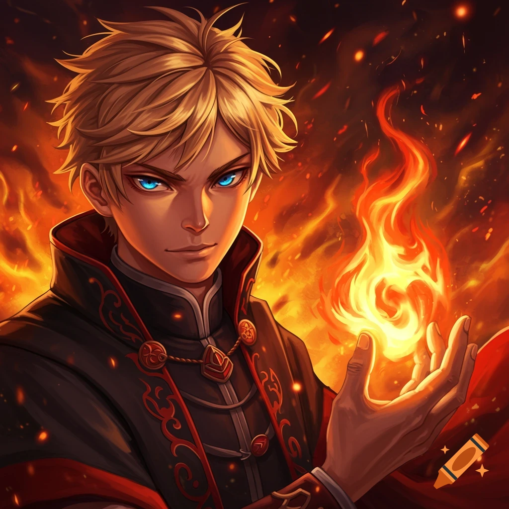 Anime-style male fire mage with blonde hair and blue eyes, holding a glowing fire orb against a fiery background.